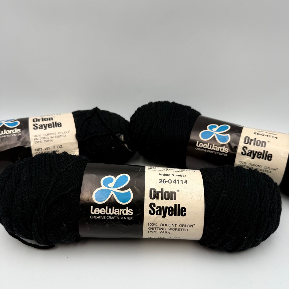 LeeWards Orlon Sayelle Yarn Black 1089 Dye Lot 72722 4oz Worsted 3 Skeins Lot